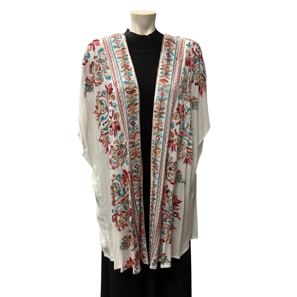 Umgee Embroidered Floral Kimono Cardigan White‎ Boho M/L